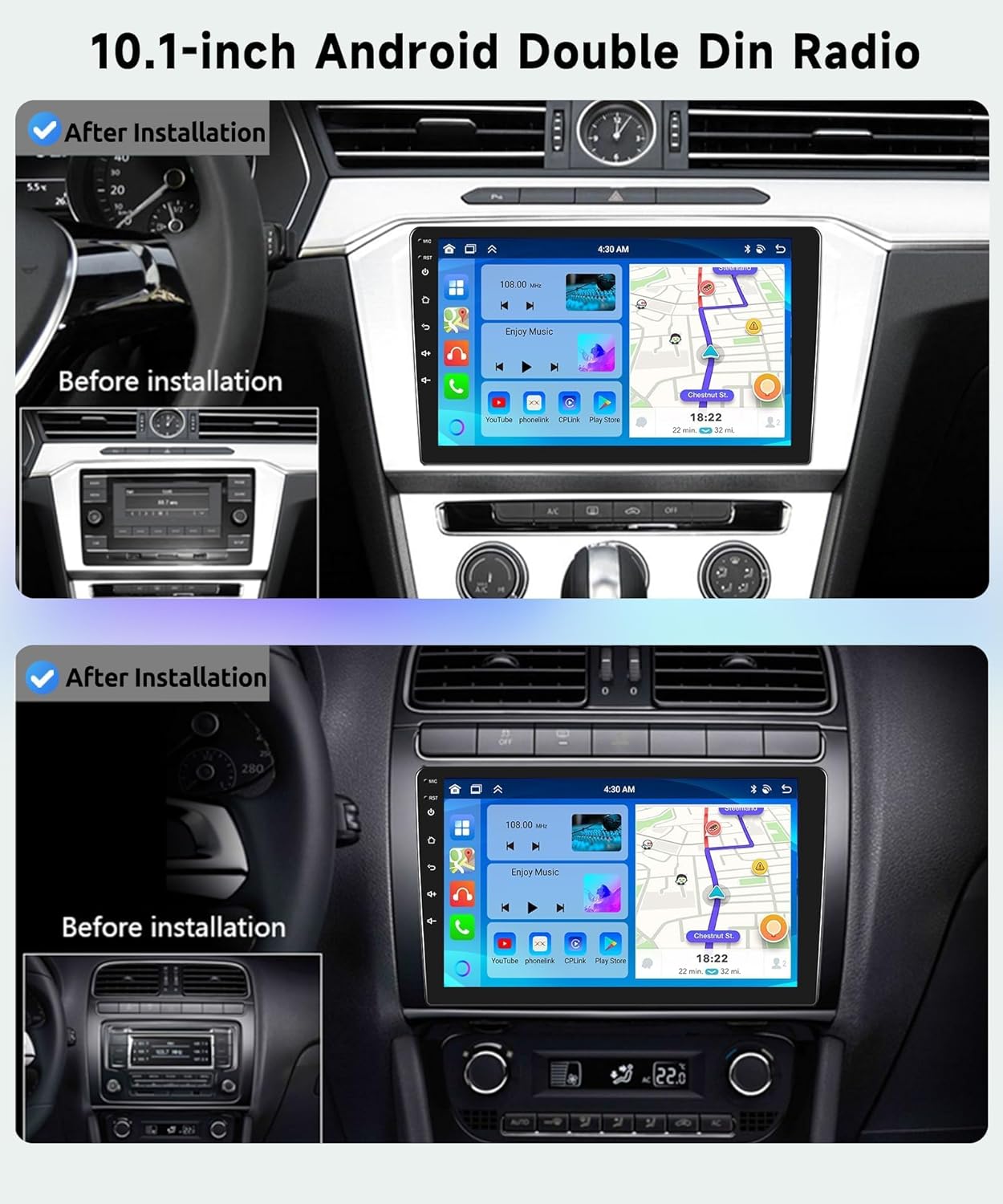 Before and after installation comparison of the Podofo 10.1 inch Android Double Din Radio in a car dashboard.