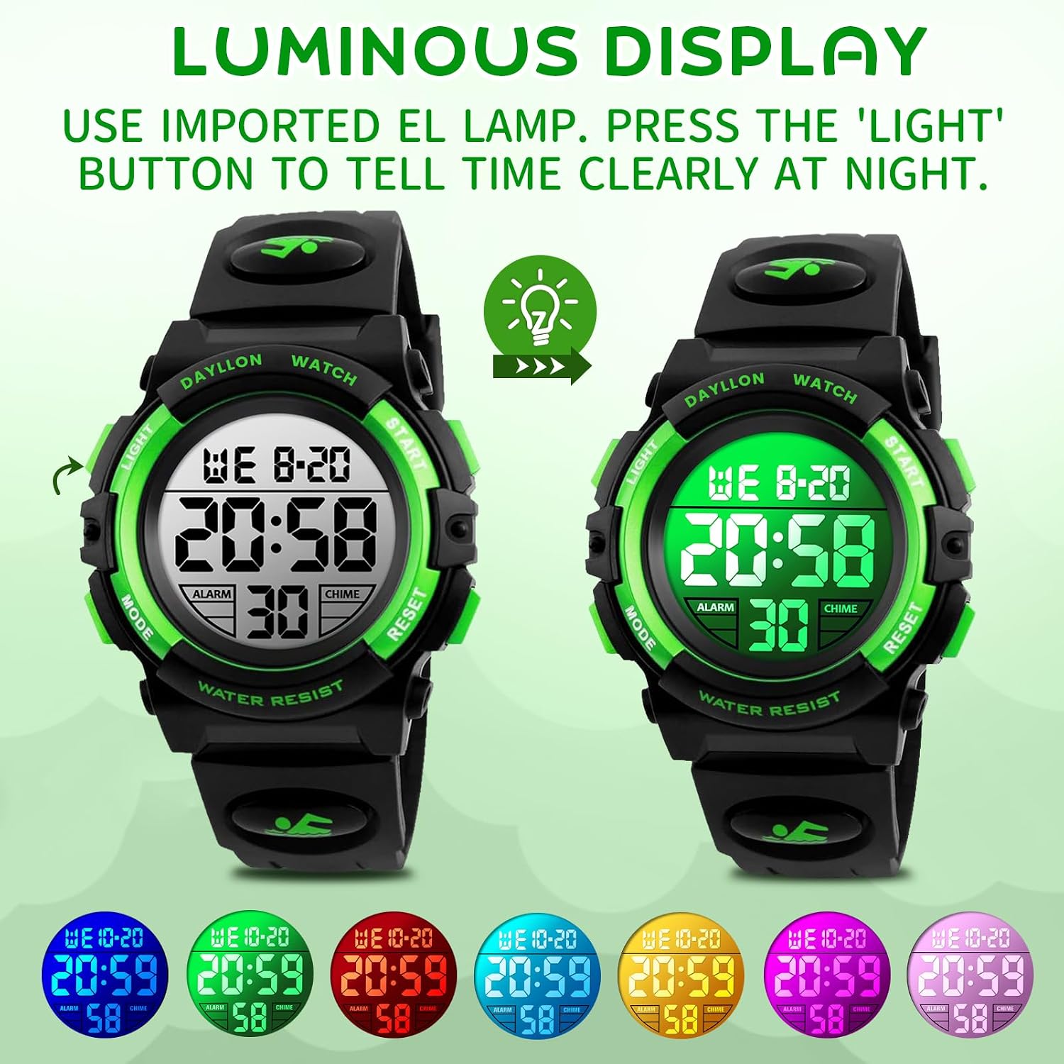 Dayllon Kids Digital Watch Boys Outdoor Sports 50M Waterproof Girls Watches Alarm Clock 12/24 H Stopwatch Calendar for Ages 3-15 Boy Girl Wristwatch Kids Gift,Green 1266 XS