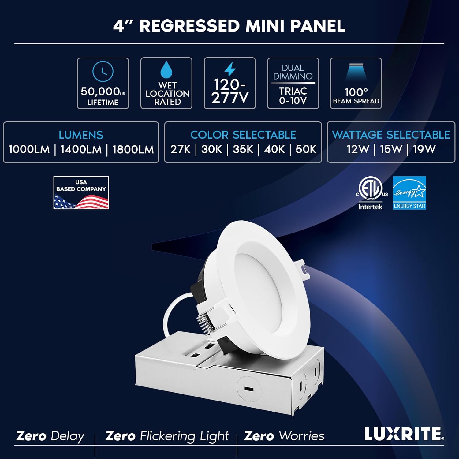 LUXRITE 4 Inch LED Recessed Light, Regressed Mini Panel Spotlight, 5CCT 2700K-5000K, 12/15/19 Watts, 1000/1400/1800 Lumens, Dual Dimmable (TRIAC & 0–10V), 100° Beam, Wet Rated, ETL (6 Pack)