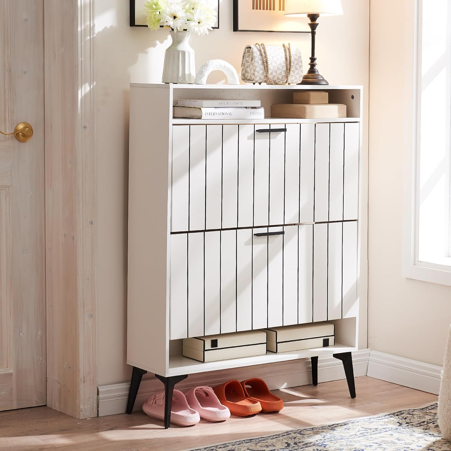 Narrow Shoe Storage Cabinet with Flip Drawers Wooden Organizer Drawer and Open Shelf Freestanding Rack Door for Entryway Hallway Mudroom Bedroom White White 2 Drawer (YXUS01K)