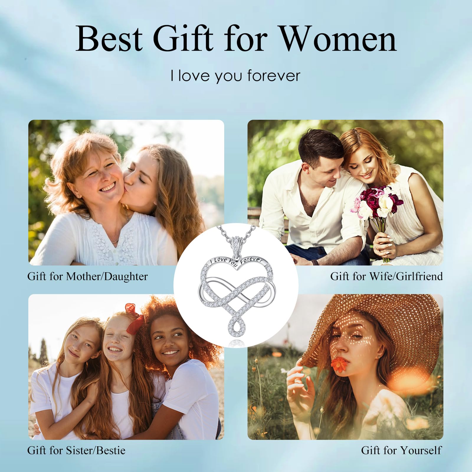 AENEAS Siver - Collana con ciondolo a forma di cuore, da donna, con ciondolo a forma di infinito, idea regalo per fidanzata, moglie, compleanno, 20 pollici, Argento sterling