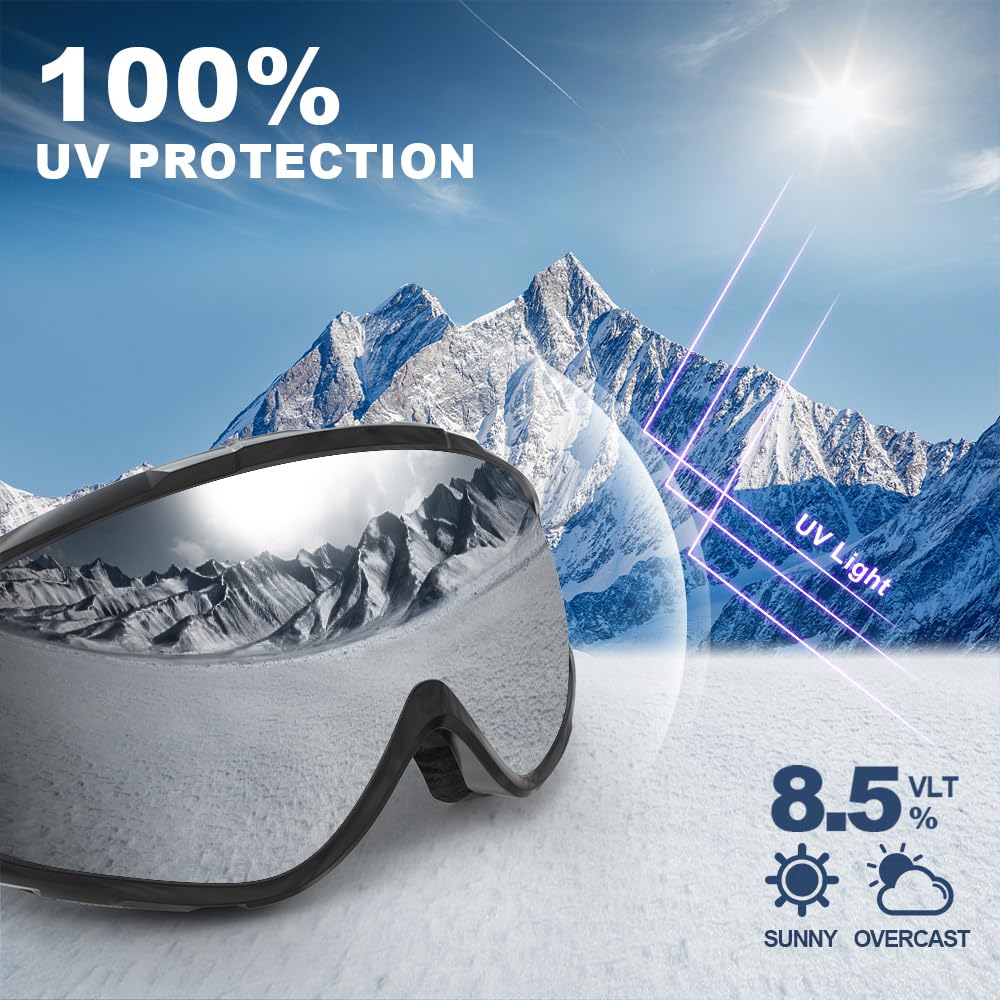 Findway Maschera da Sci, Occhiali da Sci per Uomo Donna Teenager OTG Maschere Sci,Anti Nebbia 100% Anti-UV Maschera Sci,Adatto a Snowboard,Motocross e Altri Sport Invernali