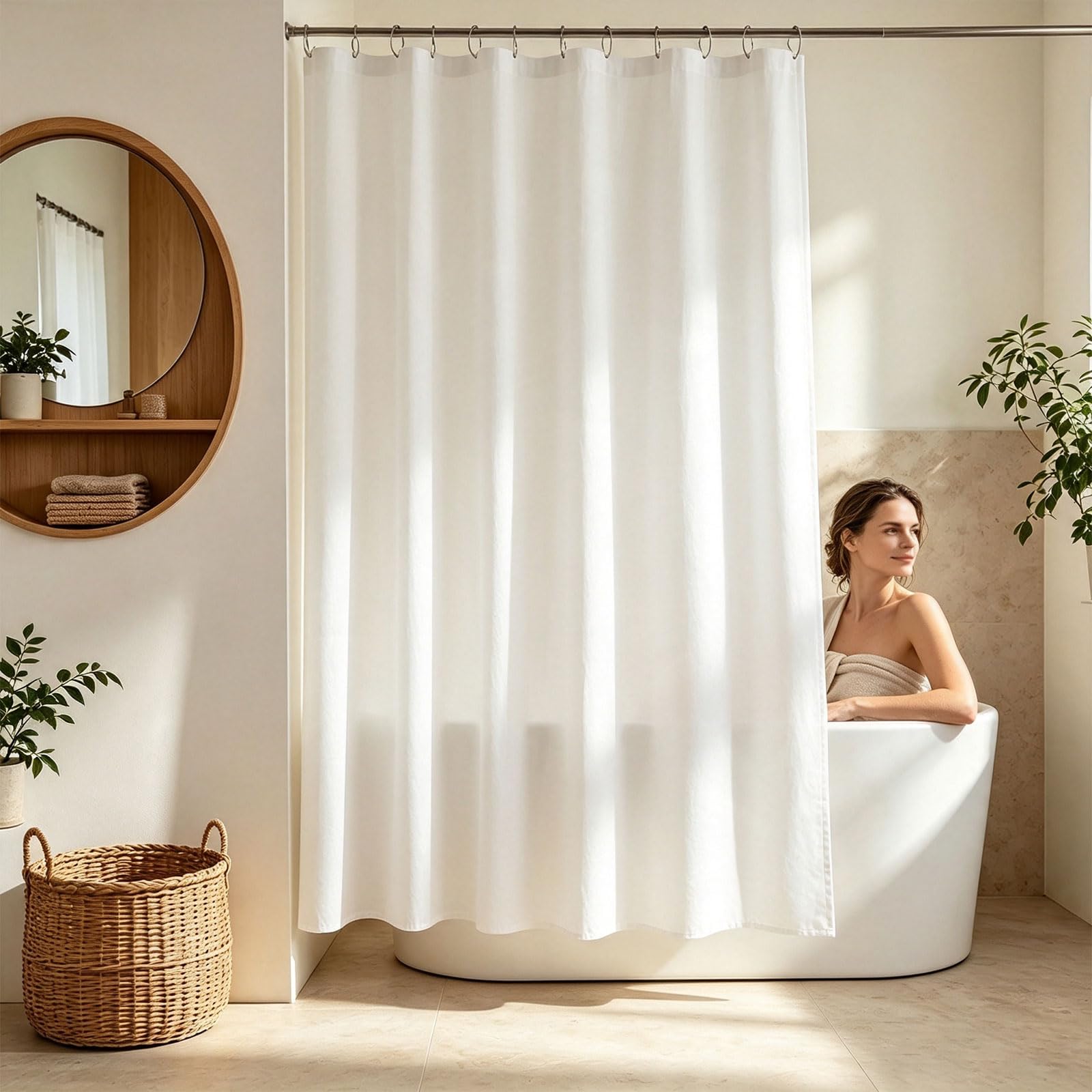 Rideau Douche 120 x 210 cm Imperméable Anti-Moisissures Polyester Rideaux de Douche Modern avec Œillets et Crochets pour Baignoire, Salle de Bain, Blanc