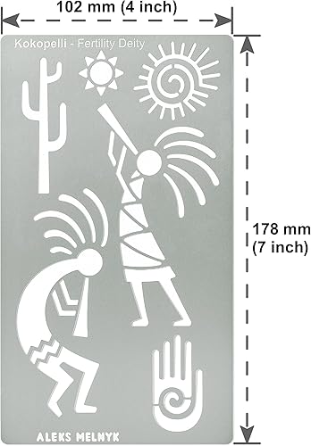 Miniatura 4 de Aleks Melnyk No.434 Plantilla de metal, deidad de fertilidad Kokopelli, diseños de petroglifos, plantilla pequeña, 1 unidad, plantilla para leña,