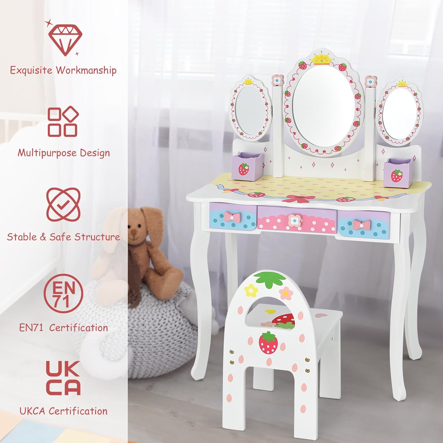 GLACER Kids Vanity, 2-in-1 Cute Toddler Vanity w/Tri-Fold Mirror & Storage Drawers, Detachable Top, Makeup Accessories, Princess Kids Vanity Table and Chair Set for Little Girls Aged 3+ (White)