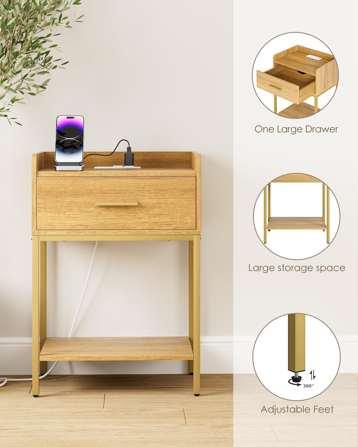 Nightstand with Charging Stat, Modern Bedside Table with Der and