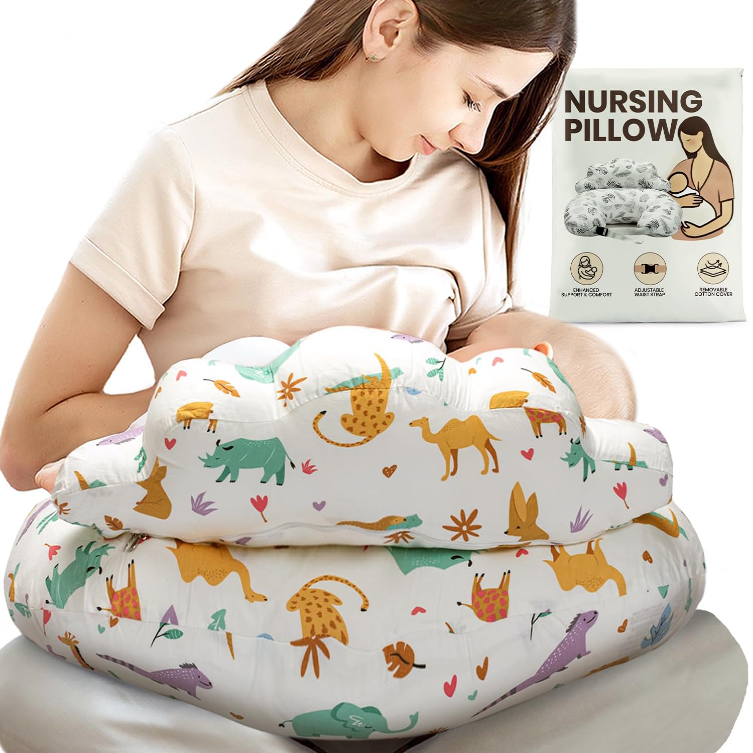 PILLANI Almohada de lactancia para lactancia, almohada de lactancia materna con valla de seguridad para mayor comodidad, búsqueda de lista de regalos de bebé, funda de algodón extraíble, correa de