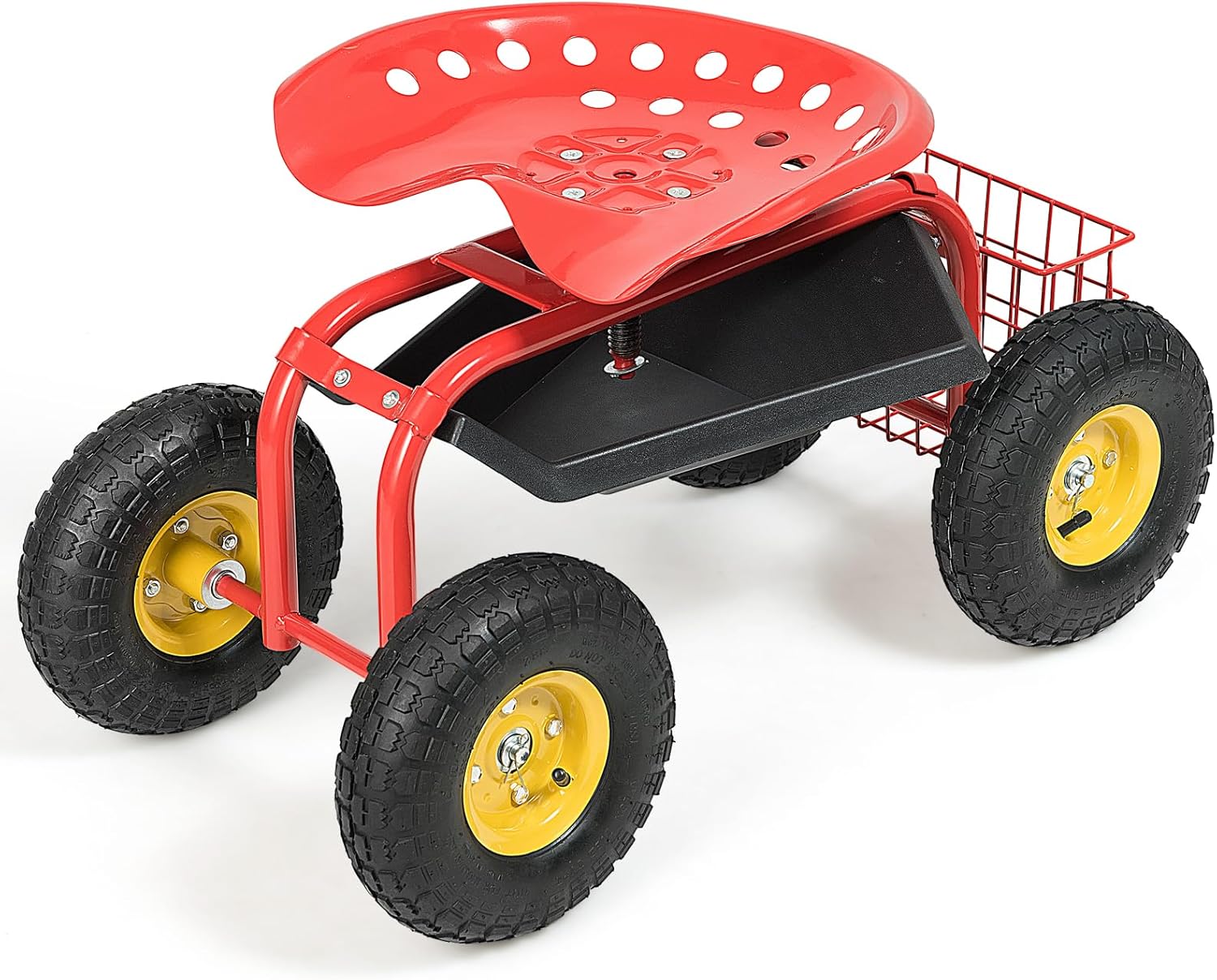 Goplus Garden Seat with Wheels, Rolling Garden Cart with Adjustable 360° Swivel Seat, Tool Tray, Basket for Lawn, Yard, Patio, Heavy Duty Gardening Stool, Outdoor Wagon Scooter for Seniors