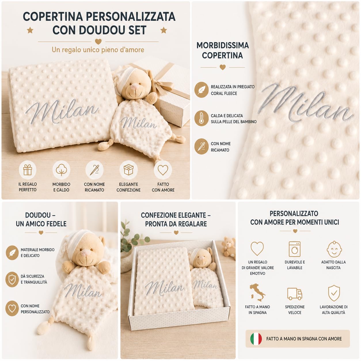 variouss Coperta per neonati personalizzata con nome ricamato, pile ultra morbido con piumone, regalo di nascita, battesimo, baby shower, ragazza e ragazzo (coperta + doudou)