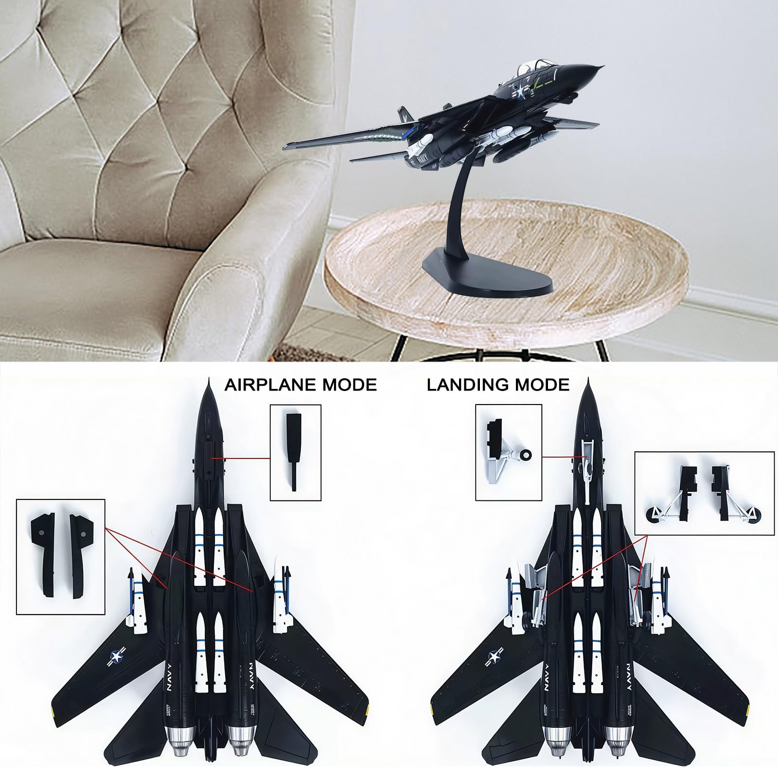 Modello di jet da combattimento F-14 F14 in scala 1/100 in metallo pressofuso con supporto - Oggetto da collezione pronto for l'esposizione for gli appassionati aviazione, decorazione