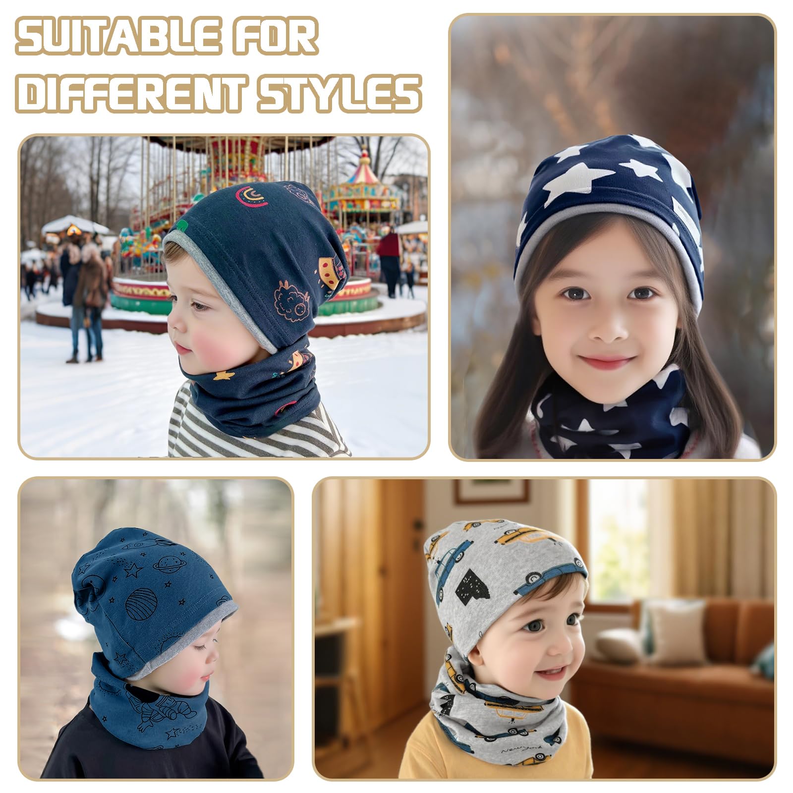 Enwokran Conjunto de Gorro y Bufanda para Niños y Niñas 3 a 8 Años Beanie Sombreros Lindos Bufanda Tubular Conjunto Patrón de Dibujos para Otoño Invierno Primavera