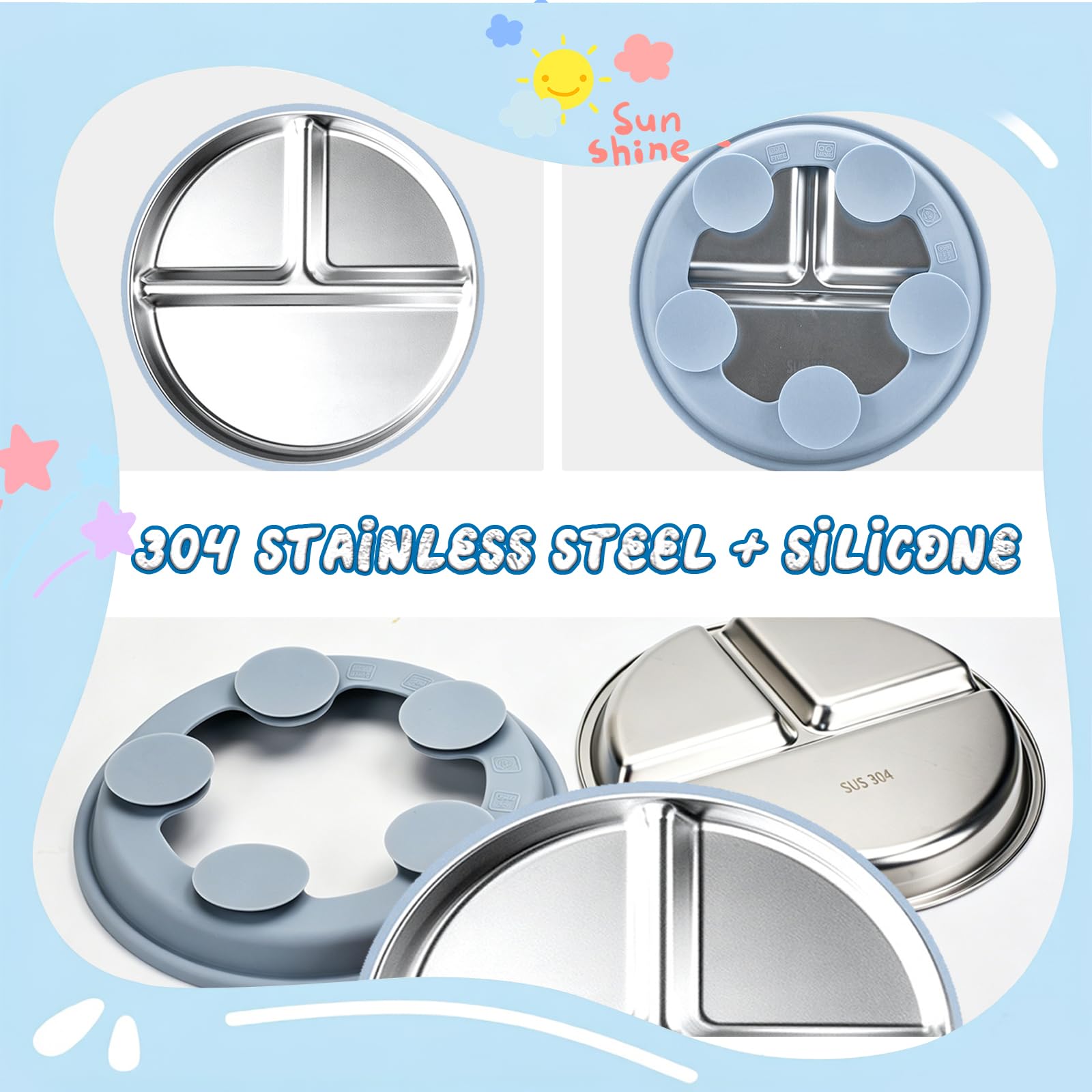 Coffret Repas Bébé – Assiette en Acier Inoxydable avec Ventouse en Silicone + Fourchette et Cuillère – Vaisselle Antidérapante pour Enfant – Sans BPA, Favorise l’Autonomie Alimentaire