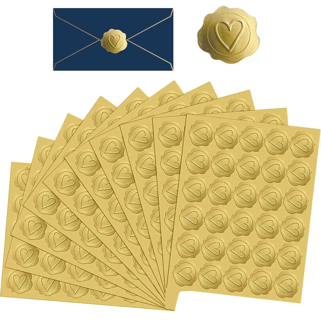VYZUTR Pegatinas Sello Cera con Forma corazón Dorado,Pegatinas Cera Sellado,Adhesivo Sello Cera para Boda,Pegatinas Sello sobre para Invitaciones Boda y Tarjetas felicitación (240 Unidades)