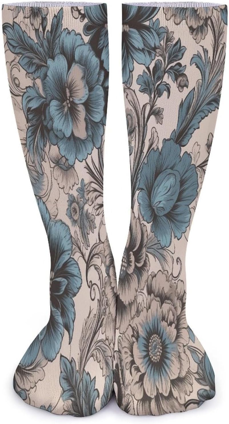 Blue Floral Pattern Crew Socks Soft Thermal Socks | Socks for Men Women-Casual Wicking,High Stocking for Sports Running-Long Thin Tube Sports Breathable