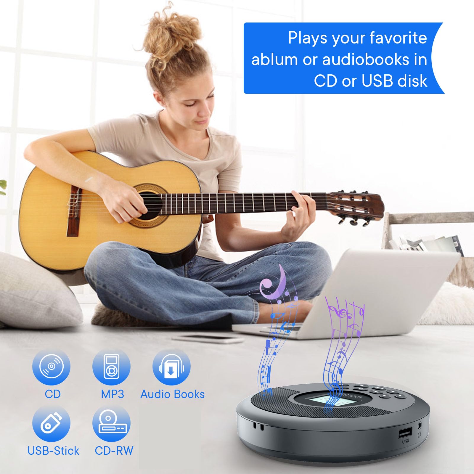 Lettore CD BT, Lettore CD MP3 Portatile, Design con Doppio Altoparlante USB BT, Lettore Dischi Ricaricabile per Viaggi in Auto a Casa All'aperto