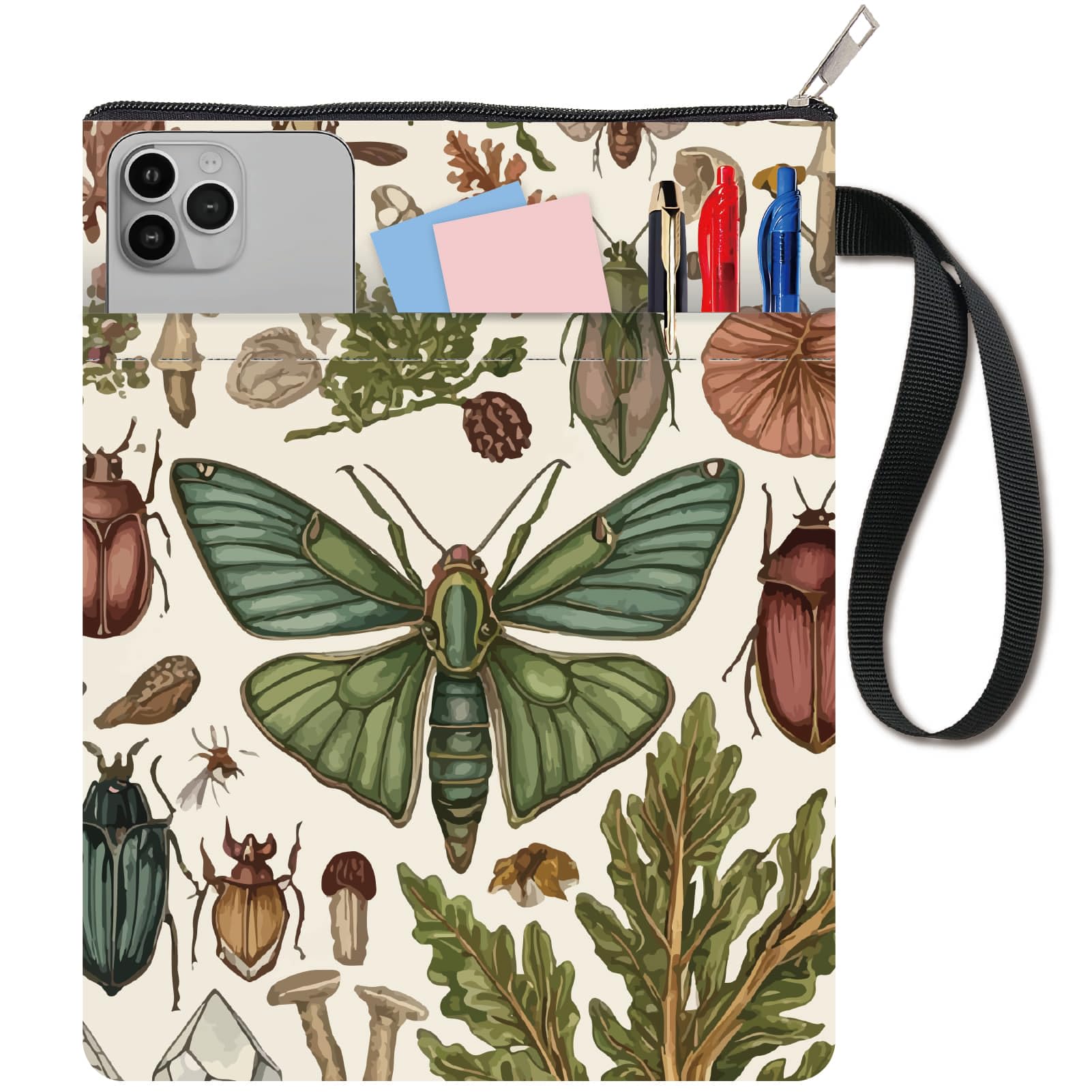 CRASPIRE 11x8.6In Book Sleeve Moth Insect Plant Protector Bookcovers Paperbacks Washable Fabric Cloth Pouch Handle with Zipper Extra Front Pocket for Book Lovers Readers Notebook Wraps Friend Gifts