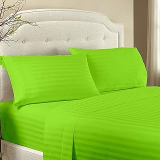 AMAY Luxury Soft 100% Egyptian Cotton 6pc Sheet Set Sateen Weave 800 TC Full XL Size, Fits Mattress Upto 16-18' Deep Pocket, Parrot Green Stripe