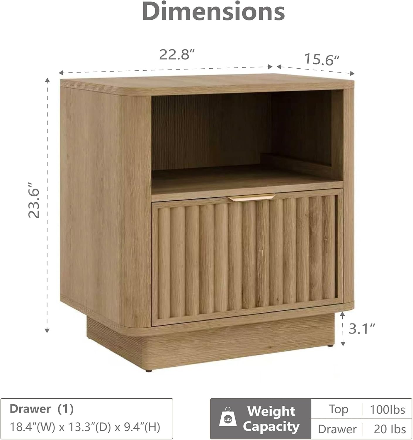 Lab Cosi Nightstand,Night Stand with Drawer Storage,22.83" W Modern Bedside Table,Fluted Night Tables with Handle,Wood Bedside End Table for Bedroom Living Room Sofa Office