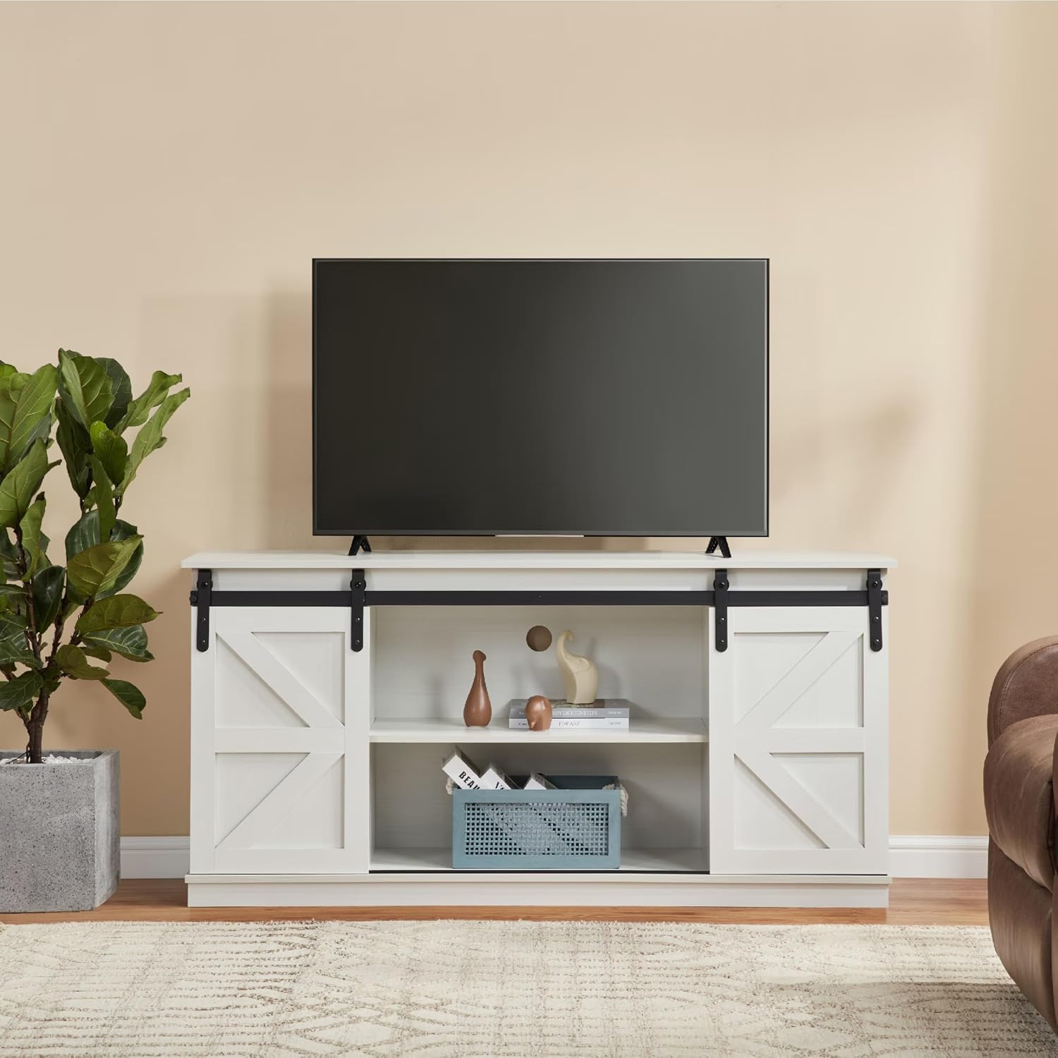 58" Farmhouse TV Stand and Entertainment Center for Televisions up to 65 Inchs,with Sliding Barn Doors and Storage Cabinets (White, Farmhouse TV Stand and Entertainment Center)