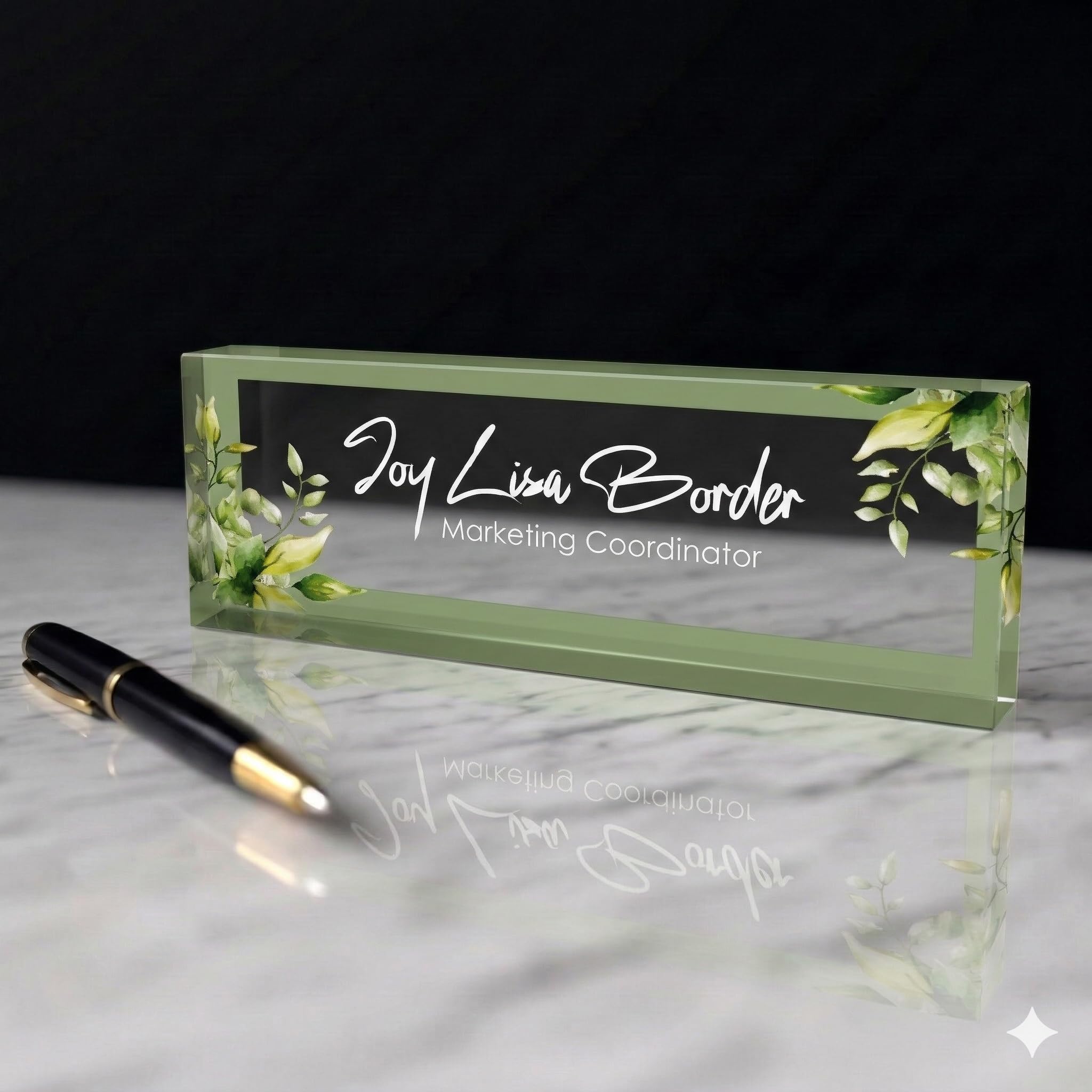 Personalised Office Desk Name Plate Custom Modern Plaque Sign Clear Glass Effect White Acrylic Base Work Home Gift for Loved Ones