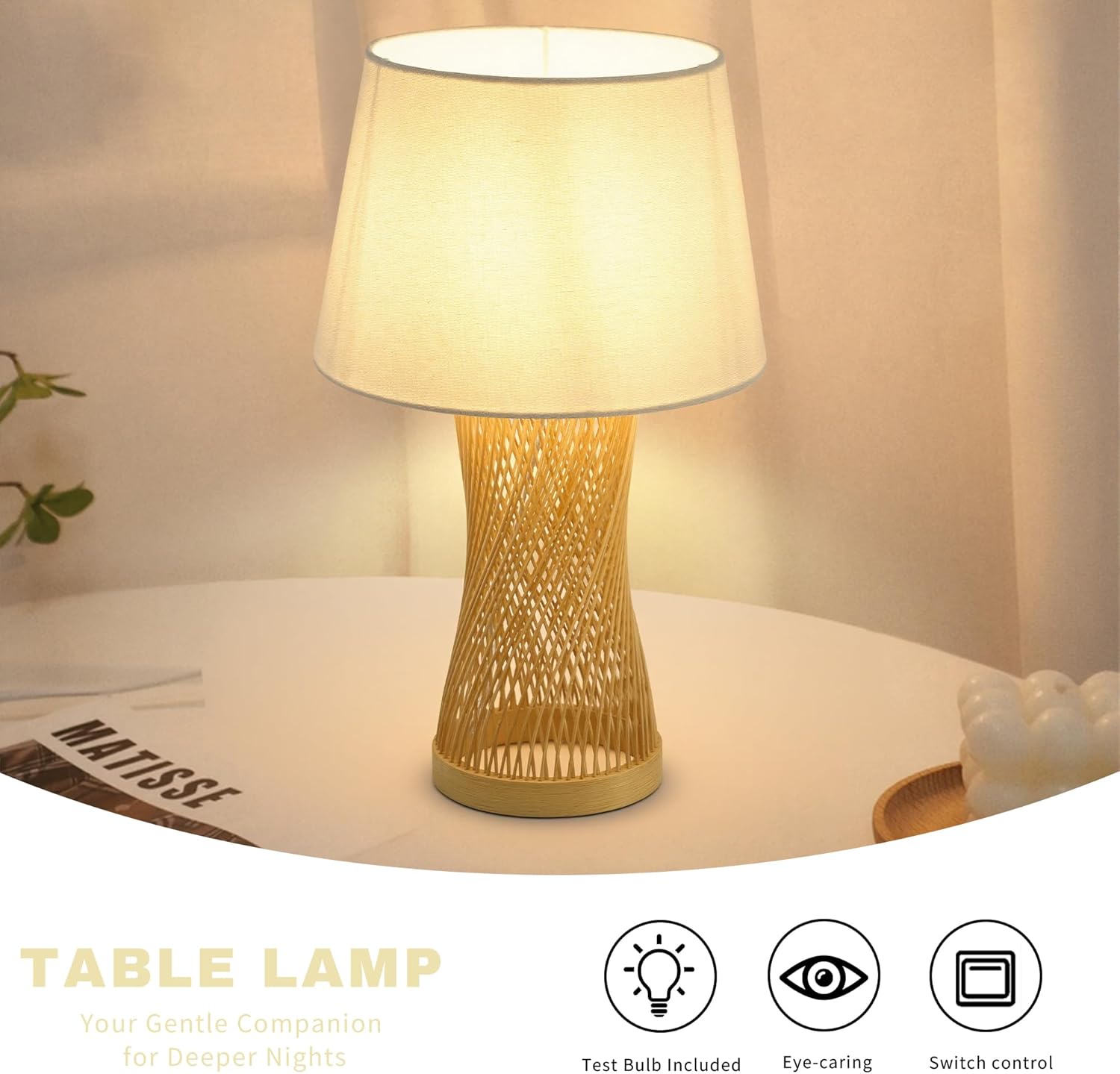 Boho Bamboo Table Lamp, Handwoven Nightstand Lamp with Linen Shade, Small Natural Woven Bedside Desk Lamp for Bedroom Living Room Dorm Home Decor,White