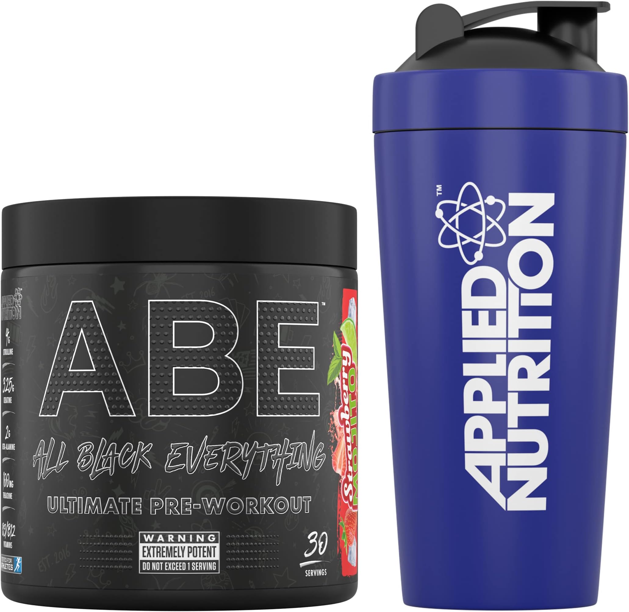 Applied Nutrition Bundle ABE Pre Workout 315g + 750ml Steel Protein Shaker | All Black Everything Preworkout Boosts Energy & Performance with Citrulline, Creatine, Beta Alanine (Strawberry Mojito)