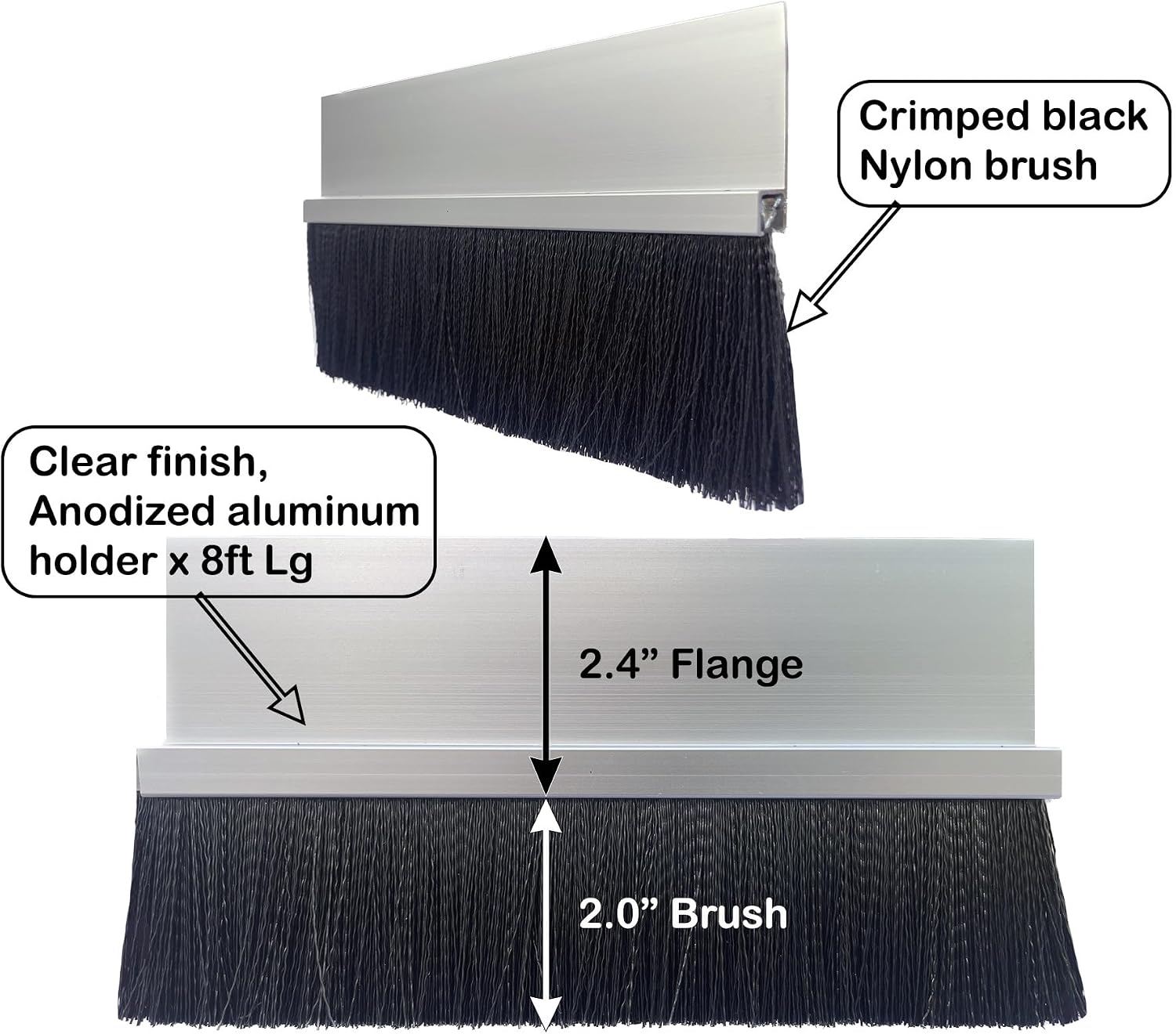 JaCor Heavy-Duty 2 in. Nylon Brush Seal Weatherproofing, 2.0 in. Brush Seal x 2.4 in. Straight Holder x 8 ft Long