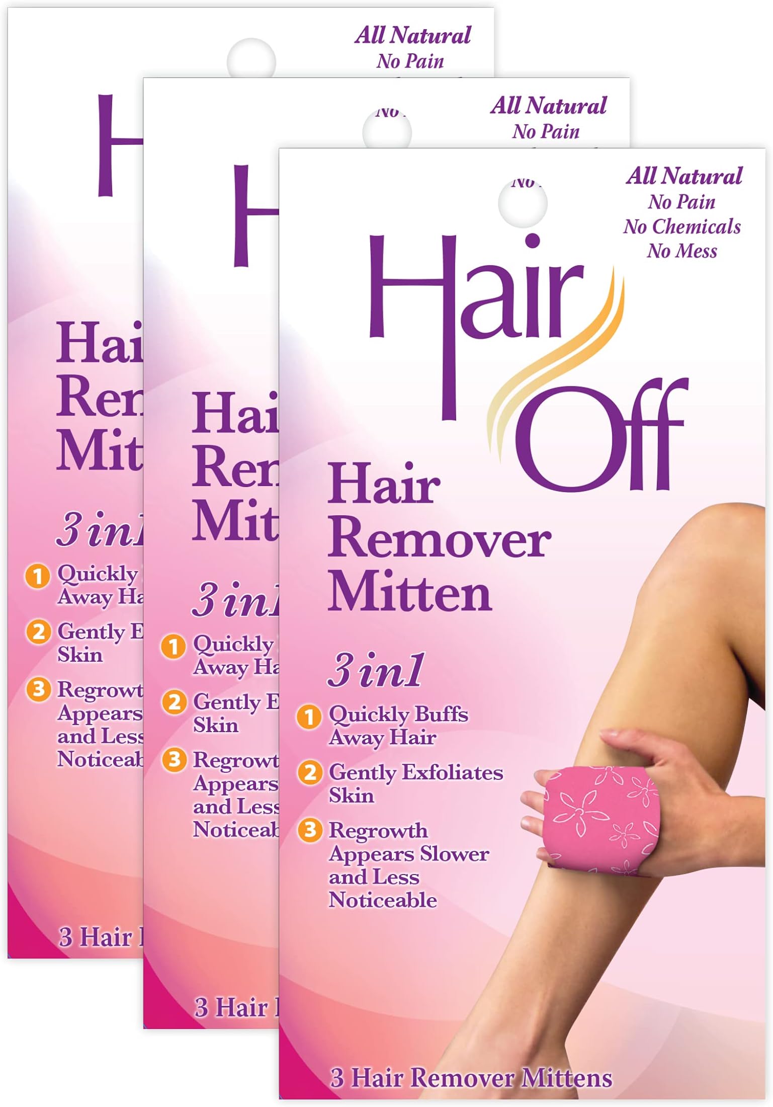 Hair Remover Mitten - All-Natural, Painless & Chemical Free - Full Body Hair Removal - Slows & Lessens Regrowth - Exfoliates Skin (3 Mittens Per Box, Pack of 3)