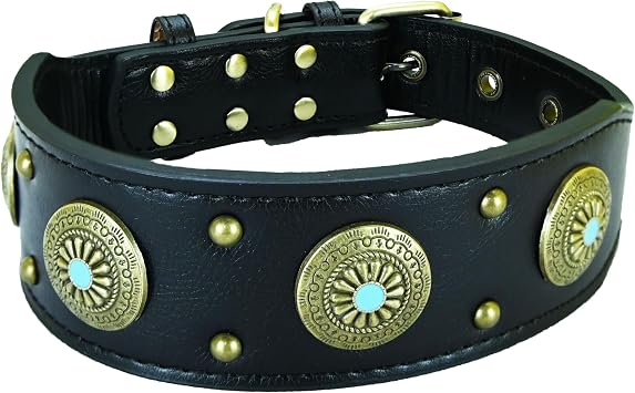 Vintage Dog Collar with Alloy Metal Decoration Retro Wide Collar for Medium Dogs Large Dogs - Black - L