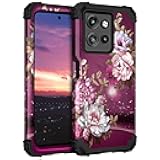 Hocase for Moto G 2025 Case, Shockproof Heavy Duty Protection Soft Silicone Rubber Bumper+Hard Plastic Hybrid Protective Phone Case for Women & Girls - Burgundy Flowers