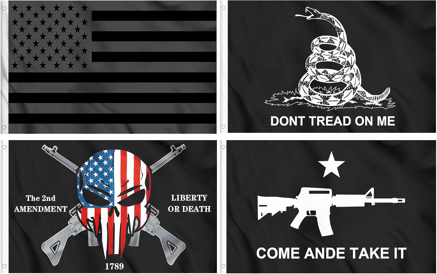 4 Pieces All Black American Flag 3x5 ft - Gadsden Don't Tread On Me Flag - Liberty or Death 2nd Amendment 1789 USA Skull Flags - Come and Take It Flag with Grommets - Printed Polyester