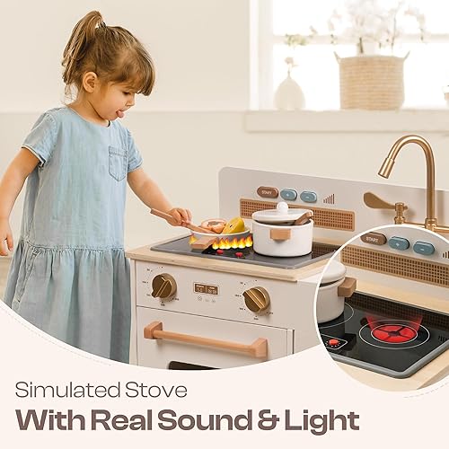 Miniatura 2 de ROBOTIME Juego de cocina para niños pequeños, juego de cocina de madera para niños con luces reales y sonidosdispensador de cubitos de hielo, cocina