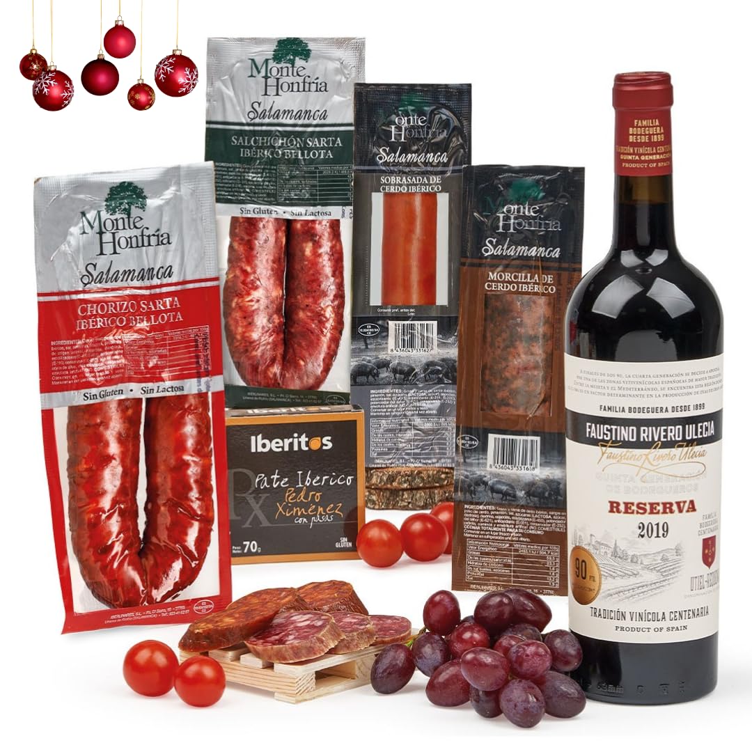 FAMILYCOM. Cesta Navidad Gourmet. Surtido con Ibericos para Regalo. Lote de Ibericos, Embutidos, Selección de Vino, Sobrasada, Morcilla, Paté.