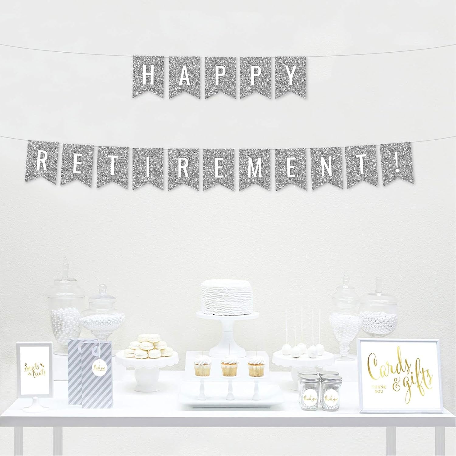 Andaz Press Faux Silver Glitter Retirement Party Banner Decorations, Happy Retirement!, Approx 5-Feet, 1-Set, Birthday Wedding Baby Shower Colored Hanging Pennant Decor