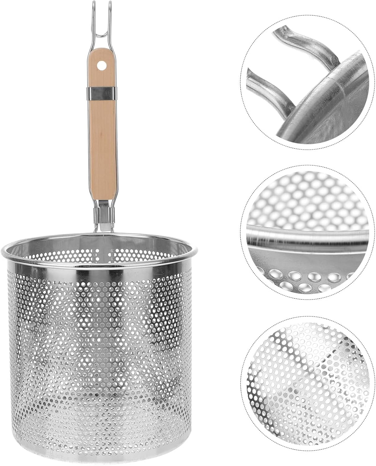 Pasta Strainer with Handle Spaghetti Strainer Spoon Mesh Pasta Basket Stainless Steel Food Noodle with Wooden Handle for Ramen Veggies Dumpling 16cm