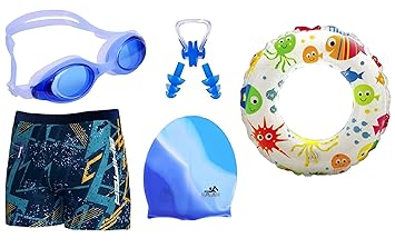 LEBAMI Swimming Kit for Boys | Swim Trunks, Goggles, Swim Cap, Nose Clip, Ear Plugs, Swim Ring | Accessories for Swimming, Water Sports(2 Years - 3 Years,Rainbow)