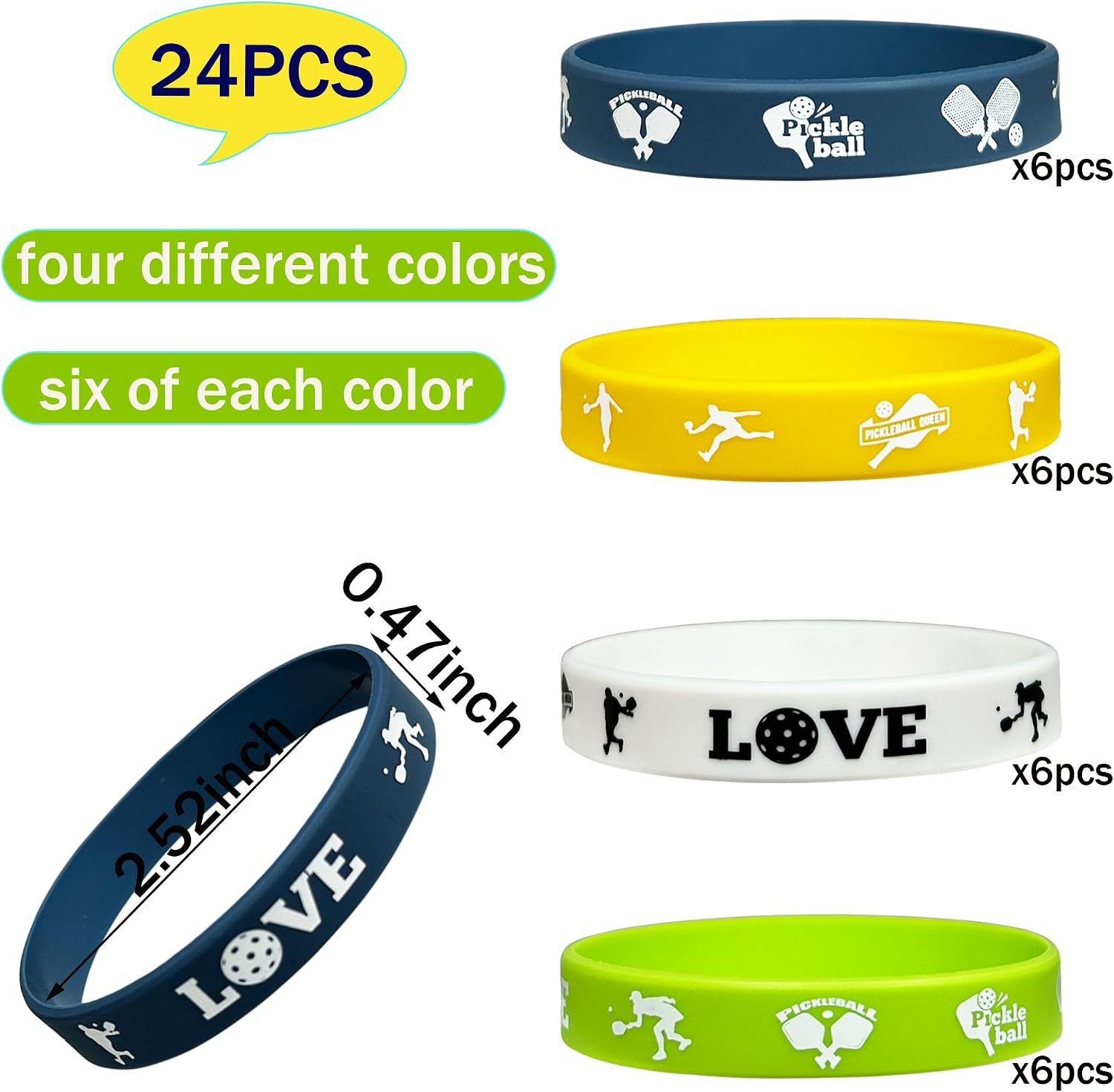Pickleball Sports Rubber Bracelets Party Supplies Favors, Set of 24 Counts