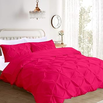 Hot Pink Pintuck Pinch Pleat Pattern Full/Queen Size 100% Cotton 800 TC Duvet Cover Sets Pinch Pleated 3pc Duvet Cover Set Zipper & Corner Ties Rectangle Pattern Decorative Pintuck Pillow Shams