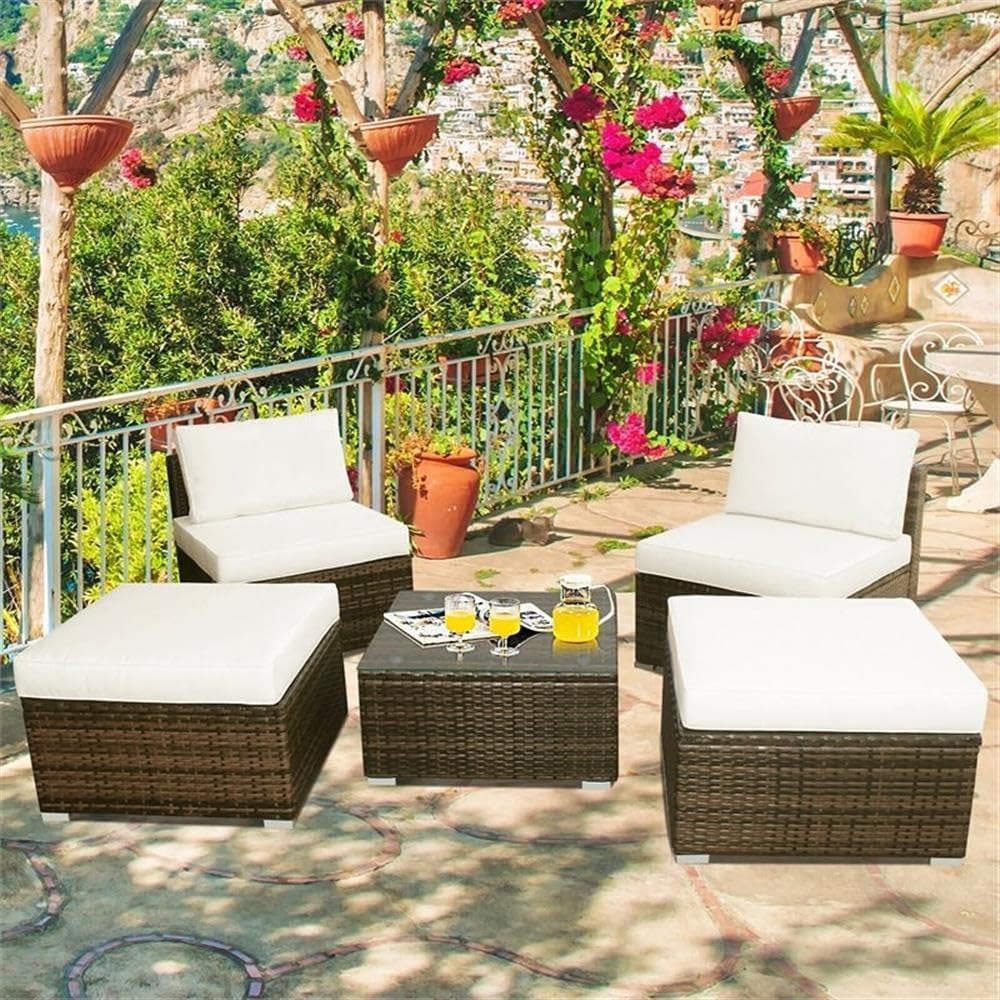 Pemberly Row 5-Piece Patio Sofa Set, Rattan and Steel Construction, Weather-Resistant, Cushioned White Finish, Includes Ottomans, Coffee Table with Tempered Glass, Versatile Outdoor Garden or Balcony