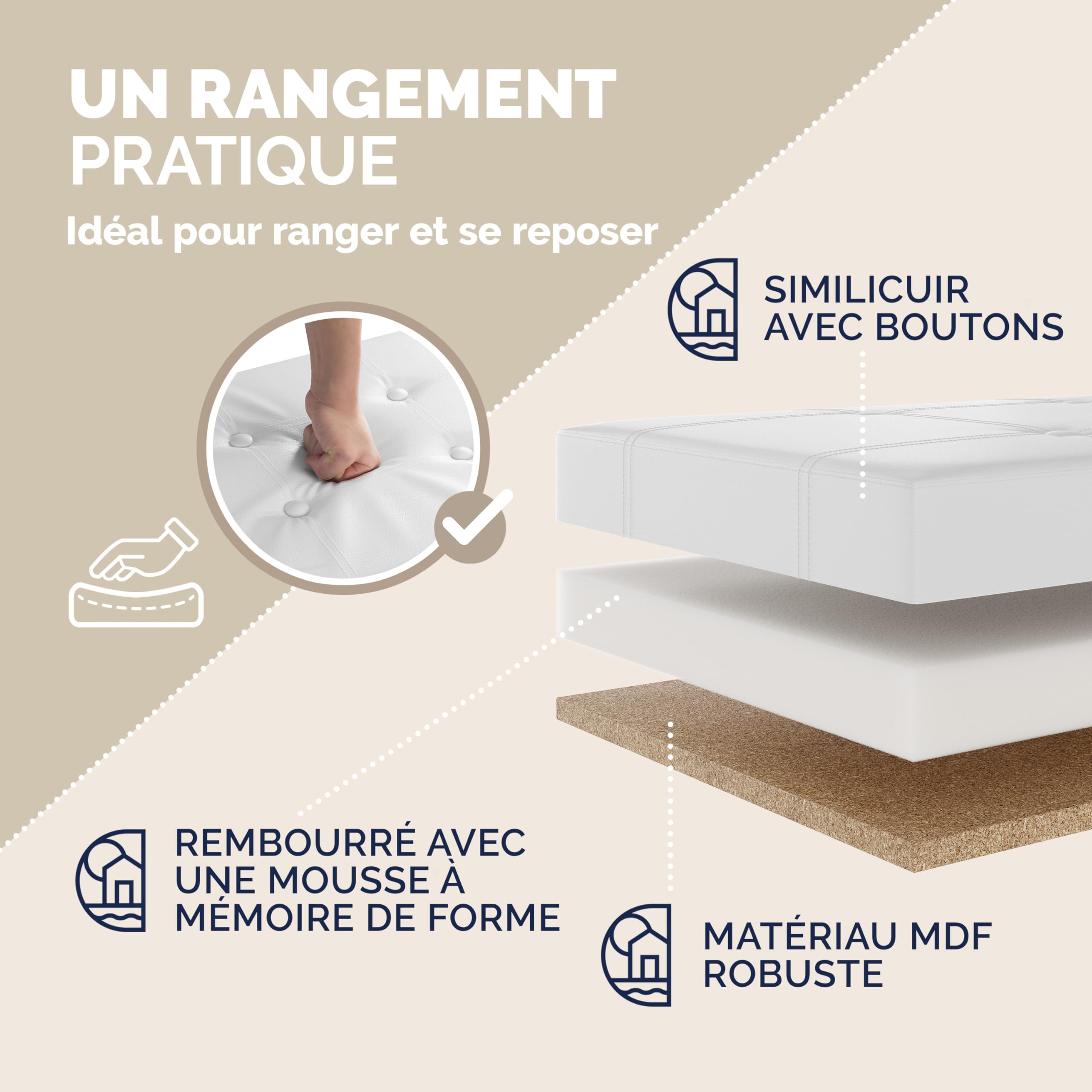 Casaria® Banc de Rangement Blanc 80 x 40 x 40 cm Siège Coffre de Rangement Pliable 100L pour Salon Chambre Couloir