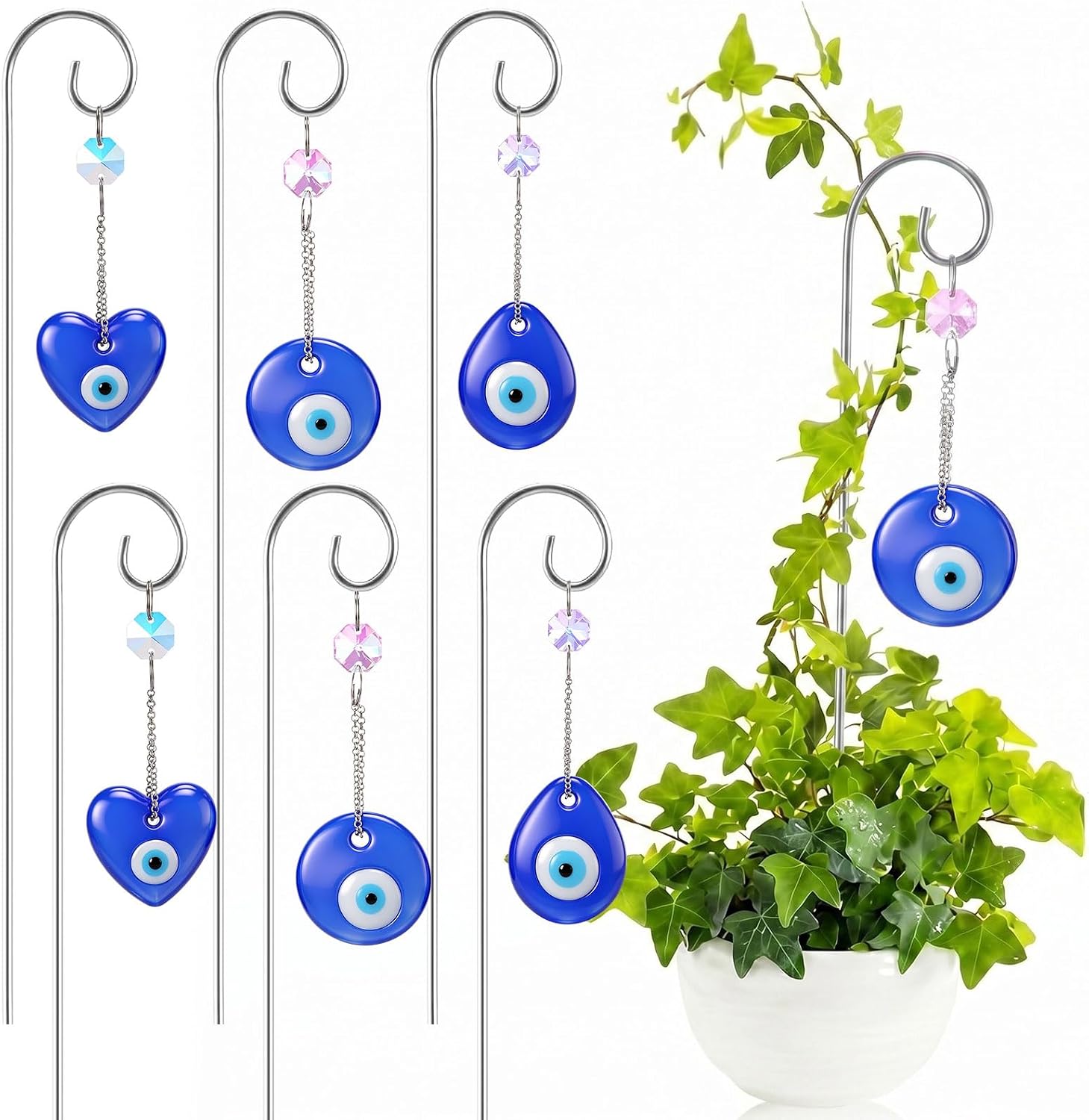 6 Pack Plant Trellis for Potted Plants with Evil Eye Glass Suncatcher 11.81 inch Metal Plant Stake for Indoor Outdoor Garden Suncatchers Decorations