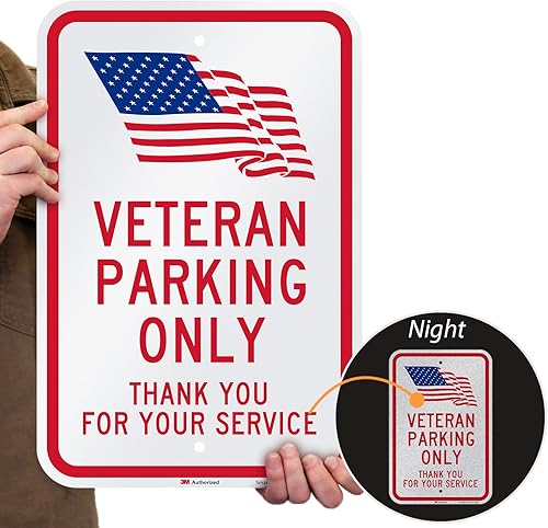 Miniatura 2 de SmartSign Letrero de metal con texto en inglés "Veteran Parking Only - Thank You For Your Service" de 18 x 12 pulgadas con símbolo de la bandera de