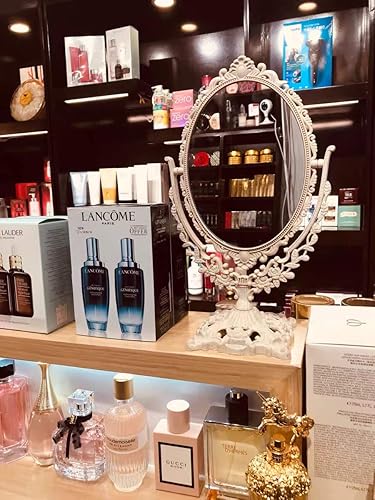 Miniatura 5 de Espejo de maquillaje retro de doble cara, espejo de escritorio giratorio ovalado, rotación de 360 grados, espejo de maquillaje vintage de dos caras