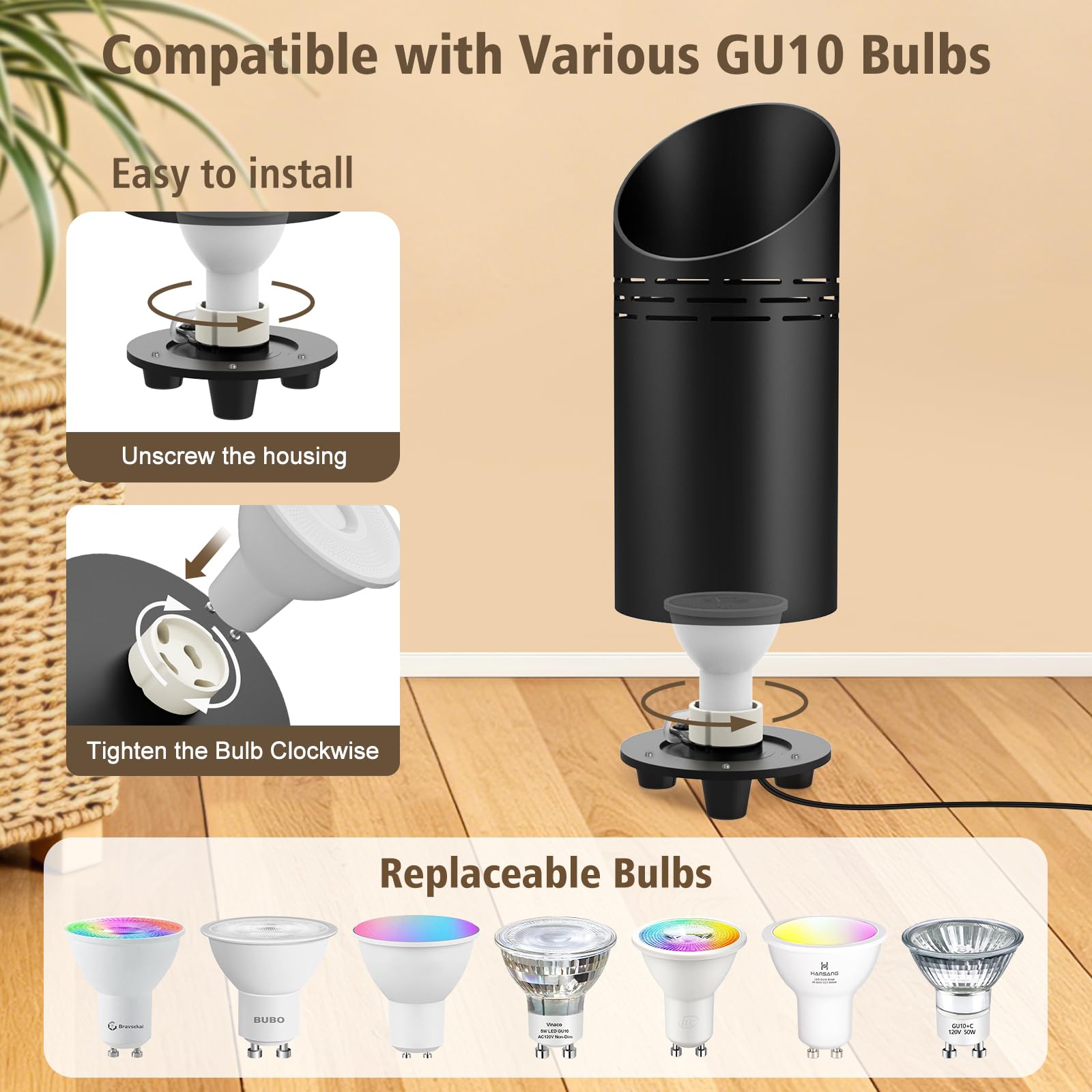 T-SUN LED Uplight Spot, 6W Lámpara de Suelo con Interruptor de Pie & GU10 Lámpara LED Lámpara de Pie con 1,8m Cable, Luz Cálida/Natural/Blanca Fría, Foco para Interiores Plantas Murales(2 Pcs, Negro)