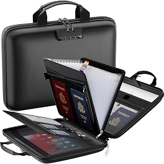Fireproof Document Box with Lock, Hard Case File Organizer with 13 Pocket Clear White Accordion File Folder, Portable Safe Box for Home School Office Travel to Storage Important Documents