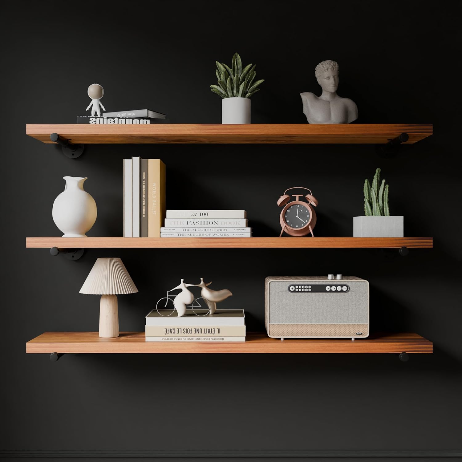 HDDFER Industrial Pipe Wall Wood Shelves,Real Wooden Shelves 55" in Special Brown Color with 1.2" Extra Thickness, Modern Floating Shevles Bookshelf Shelving Units for Rustic Farmhouse Decor