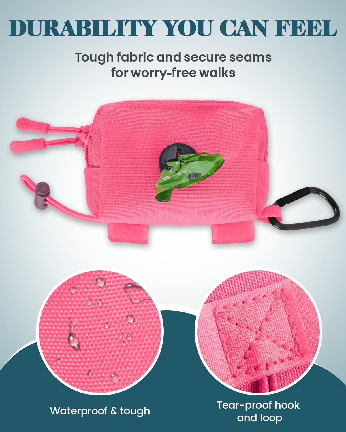 Dog Poop Bag Holder for Leashes, Pink Doggie Waste Bag Dispenser and Treat Holder, with Carabiner Hook and Poop Bag Clip, Used Waterproof Wear-Resistant Fabric and 2 Zippered Pouches for Walking