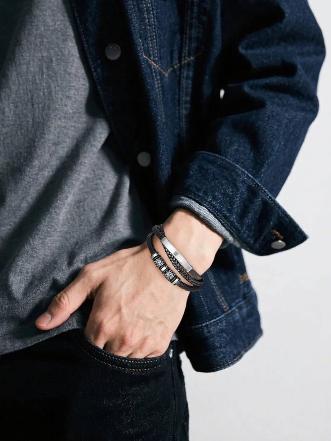 Men’s Leather Bracelet with 316L Stainless Steel Buckle – Braided Multi‑Layer Wristband Cuff Gift for Men Black/Gold Plated/White Gold Plated Size 8.3″/9″ - Image 2