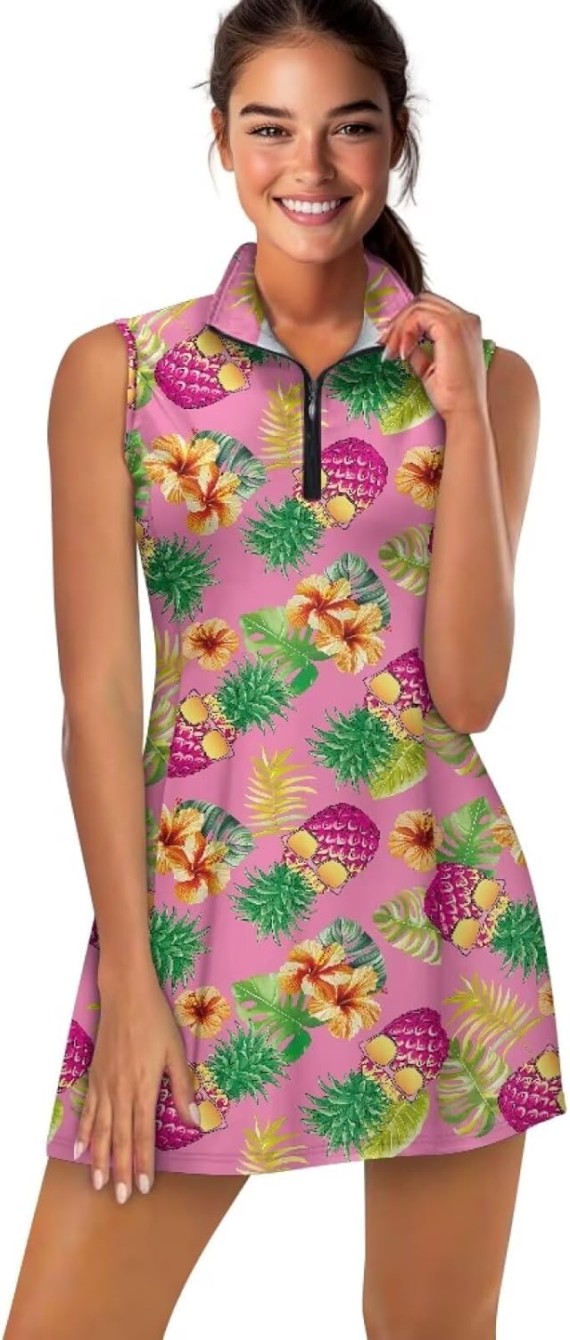 Womens Zipper Collared Tennis Dresses Built in Shorts Sleeveless Golf Outfits Athletic Workout Dress with Pockets