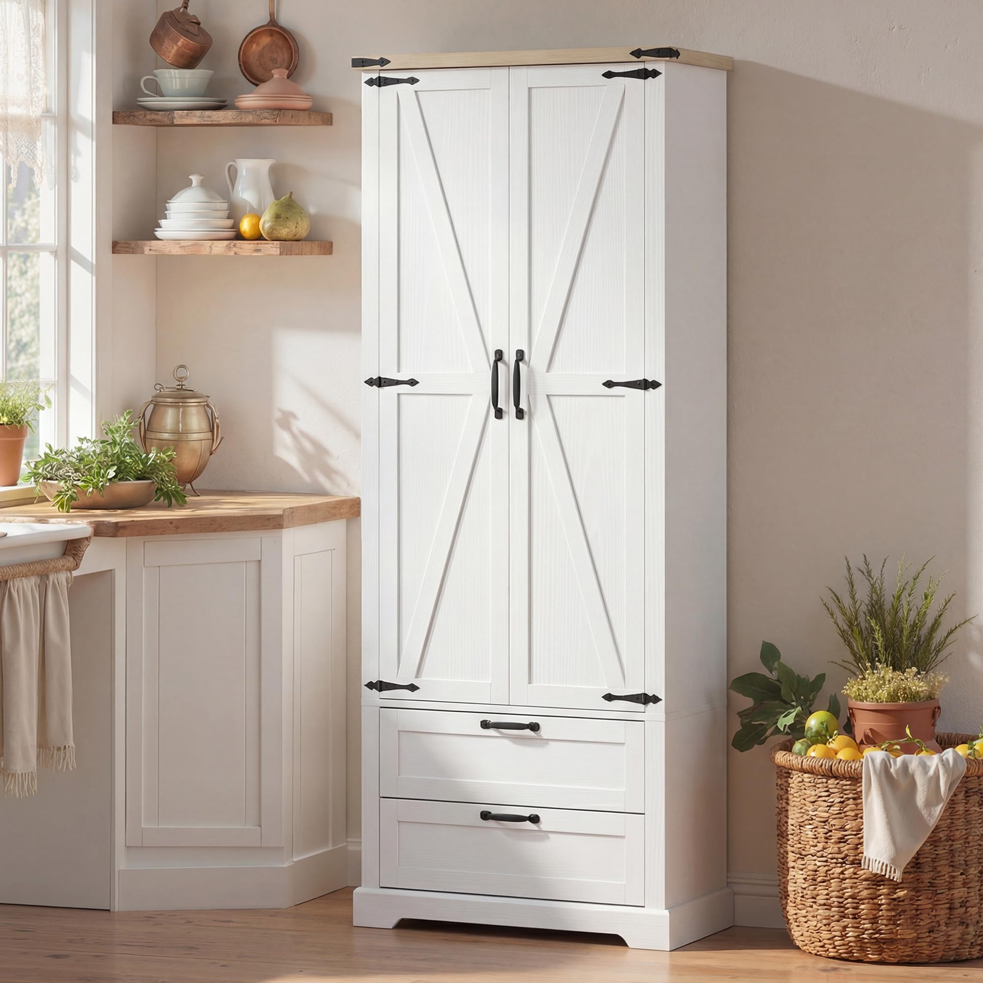 HOMCOM Buffet Haut Cuisine Vaisselier 2 Portes, 76 x 40 x 180 cm Blanc | Armoire de Rangement, 2 Tiroirs Silencieux, Étagères Réglables, Meuble de Rangement Rustique, Salon, Salle à Manger